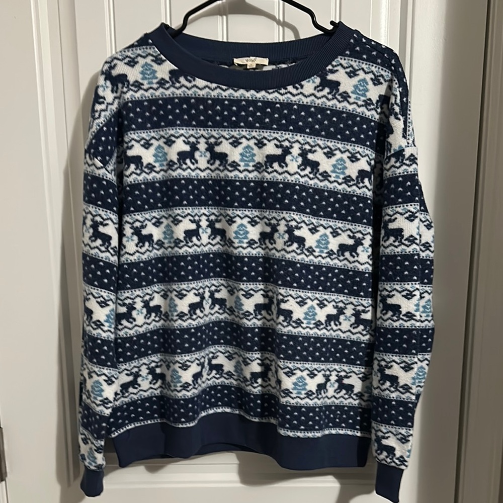 Easel Blue and White Crewneck Sweater with Nordic Pattern